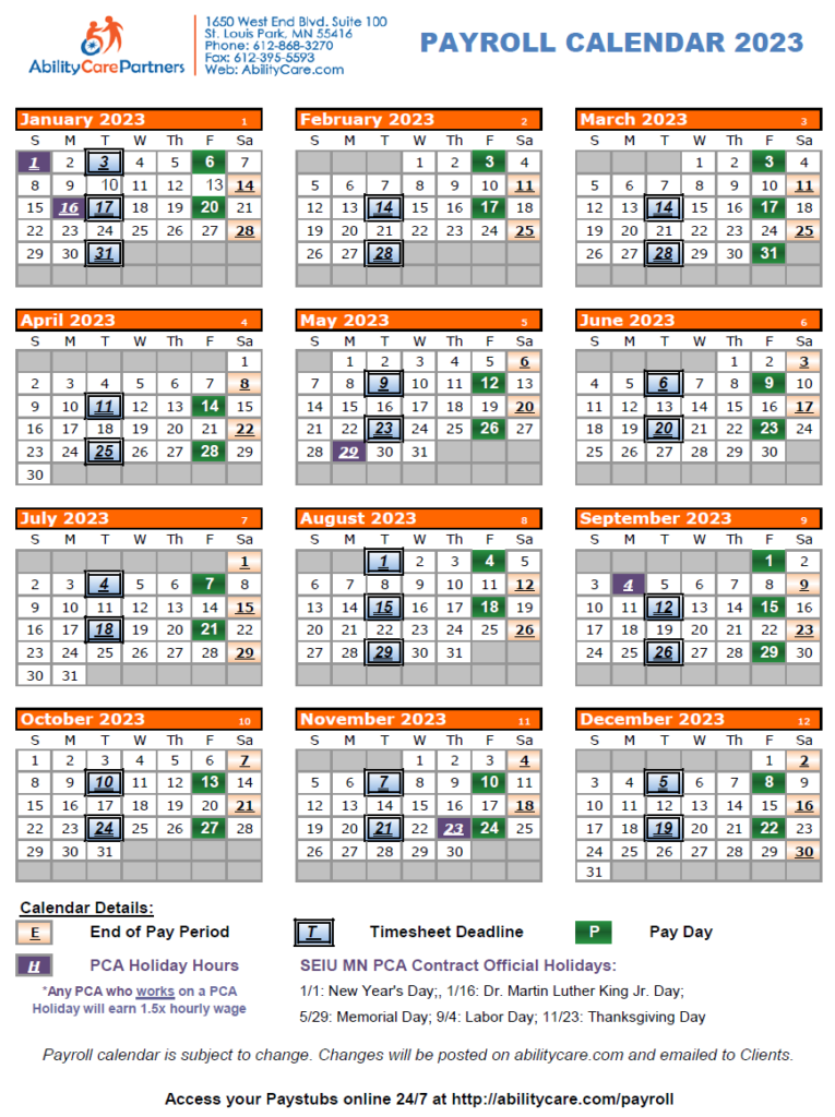 Ability Care Partners Inc Payroll Calendar